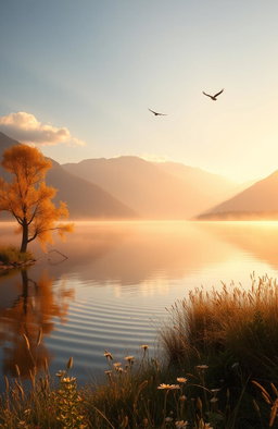 A serene and tranquil natural landscape at sunrise, featuring misty mountains in the background, a calm lake reflecting the warm hues of the sky, and a lone tree with golden leaves by the water's edge