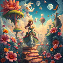 A stunning and surreal illustration inspired by the vibrant, dreamlike style of Karlotta Freier, showcasing a whimsical narrative full of enchanting details