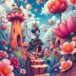 A stunning and surreal illustration inspired by the vibrant, dreamlike style of Karlotta Freier, showcasing a whimsical narrative full of enchanting details