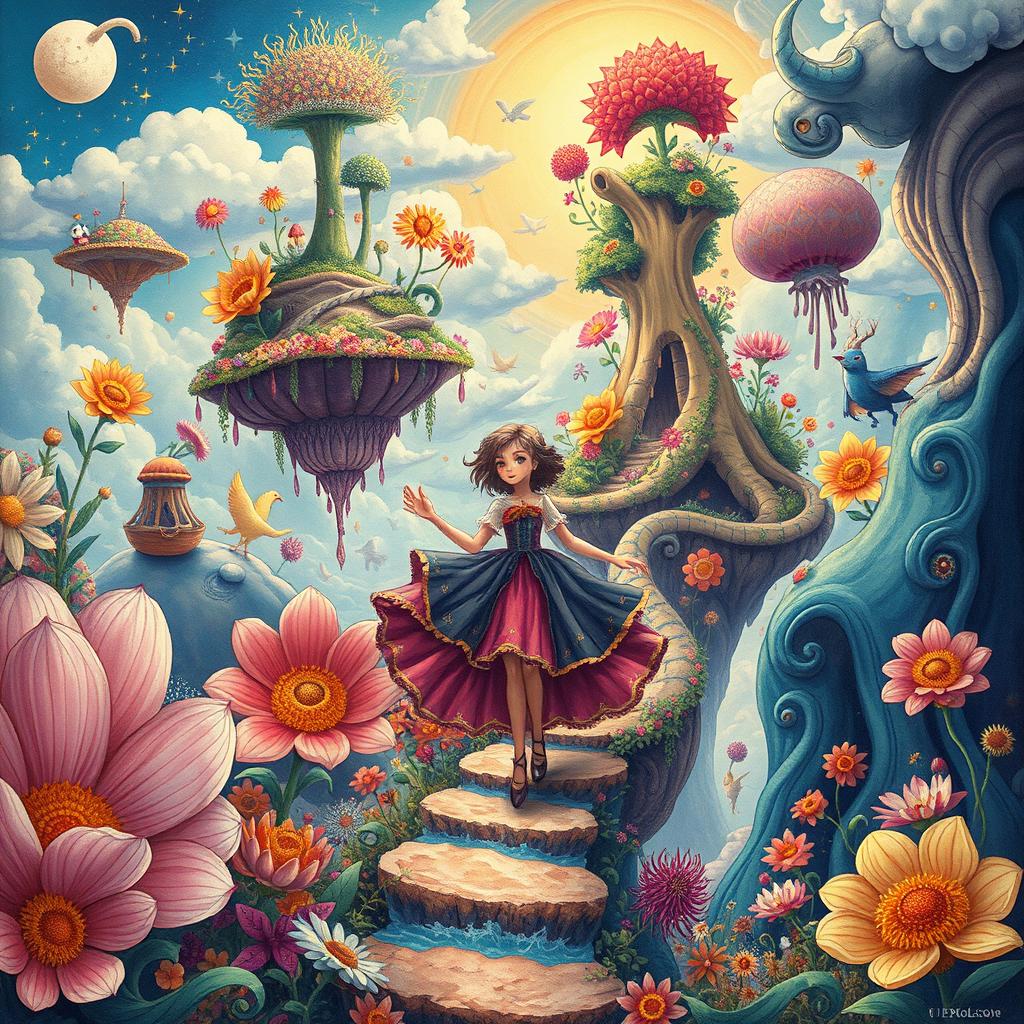 A stunning and surreal illustration inspired by the vibrant, dreamlike style of Karlotta Freier, showcasing a whimsical narrative full of enchanting details
