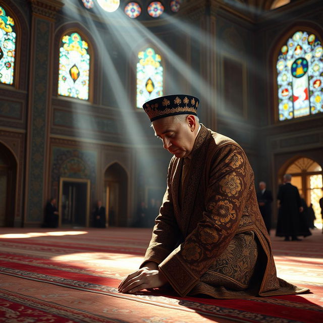 A historical image of Reza Shah, the former ruler of Iran, depicted in a moment of prayer, kneeling with a look of solemnity and reverence