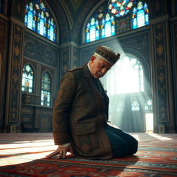 A historical image of Reza Shah, the former ruler of Iran, depicted in a moment of prayer, kneeling with a look of solemnity and reverence