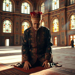 A historical image of Reza Shah, the former ruler of Iran, depicted in a moment of prayer, kneeling with a look of solemnity and reverence