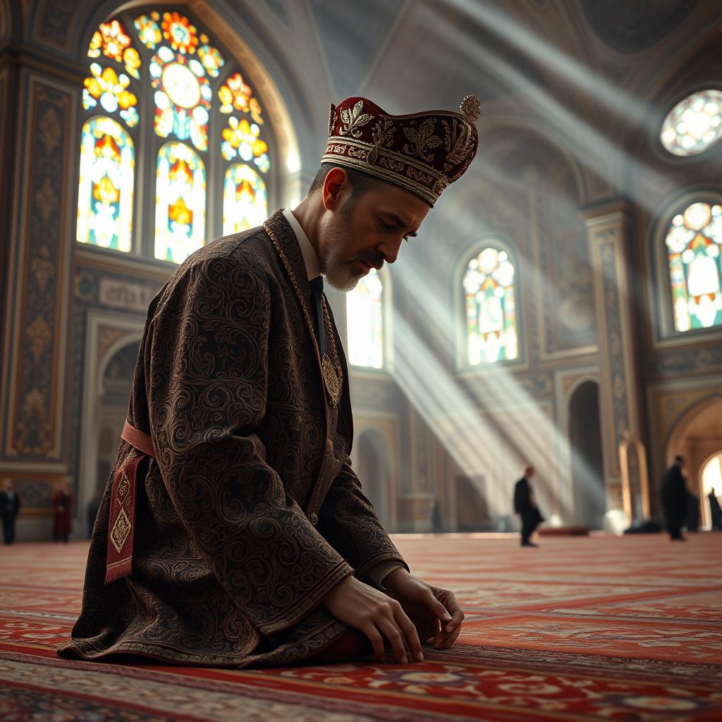 A historical image of Reza Shah, the former ruler of Iran, depicted in a moment of prayer, kneeling with a look of solemnity and reverence