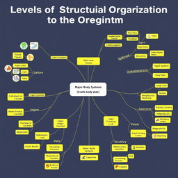 A visually engaging mind map that integrates the levels of structural organization in biology, from cells to the organism level, including detailed branches for each level: cells, tissues, organs, organ systems, and the organism