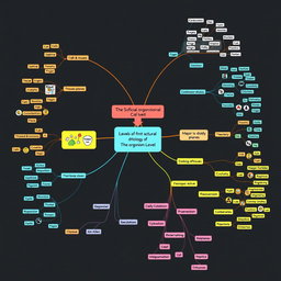 A visually engaging mind map that integrates the levels of structural organization in biology, from cells to the organism level, including detailed branches for each level: cells, tissues, organs, organ systems, and the organism