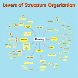 A visually engaging mind map that integrates the levels of structural organization in biology, from cells to the organism level, including detailed branches for each level: cells, tissues, organs, organ systems, and the organism