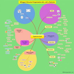 A visually engaging mind map that integrates the levels of structural organization in biology, from cells to the organism level, including detailed branches for each level: cells, tissues, organs, organ systems, and the organism
