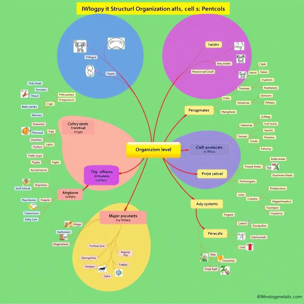 A visually engaging mind map that integrates the levels of structural organization in biology, from cells to the organism level, including detailed branches for each level: cells, tissues, organs, organ systems, and the organism