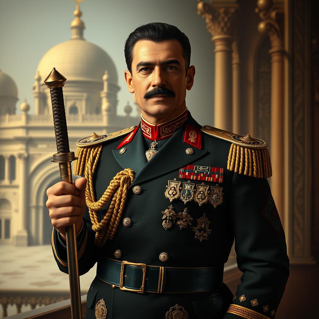 A regal portrait of Reza Shah Pahlavi, standing confidently with a sword in hand