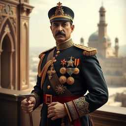 A regal portrait of Reza Shah Pahlavi, standing confidently with a sword in hand