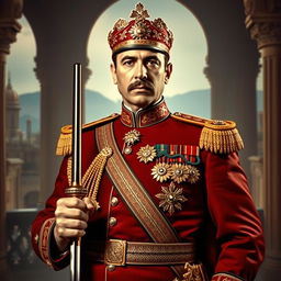A regal portrait of Reza Shah Pahlavi, standing confidently with a sword in hand