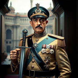 A regal portrait of Reza Shah Pahlavi, standing confidently with a sword in hand