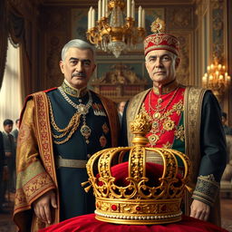 A historical depiction of Mohammad Reza Shah Pahlavi and his father, Reza Shah, both wearing traditional Persian royal attire, adorned with intricate details and rich colors