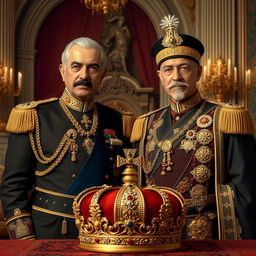 A historical depiction of Mohammad Reza Shah Pahlavi and his father, Reza Shah, both wearing traditional Persian royal attire, adorned with intricate details and rich colors