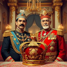 A historical depiction of Mohammad Reza Shah Pahlavi and his father, Reza Shah, both wearing traditional Persian royal attire, adorned with intricate details and rich colors