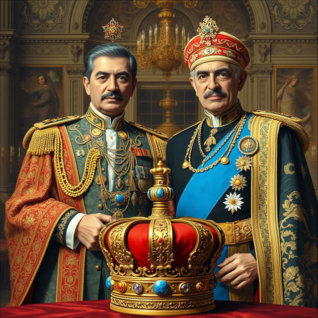 A historical depiction of Mohammad Reza Shah Pahlavi and his father, Reza Shah, both wearing traditional Persian royal attire, adorned with intricate details and rich colors