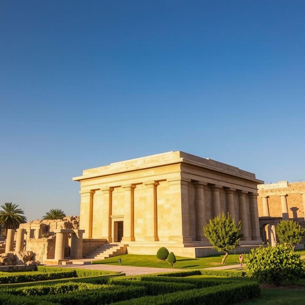 A beautifully detailed image of the tomb of Cyrus the Great, also known as the Cyrus Cylinder