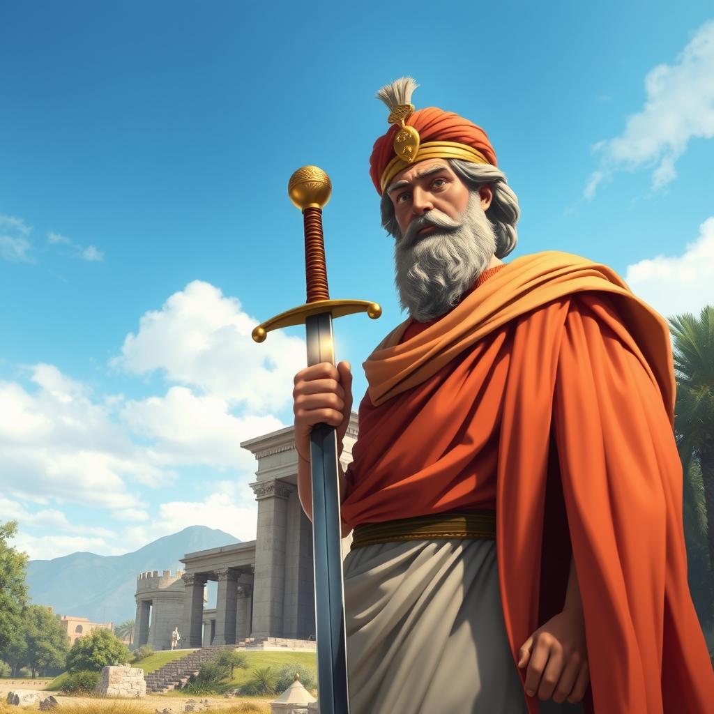 An artistic representation of Cyrus the Great, wearing traditional Persian royal attire, standing proudly next to his sword, which gleams in the sunlight