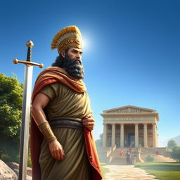 An artistic representation of Cyrus the Great, wearing traditional Persian royal attire, standing proudly next to his sword, which gleams in the sunlight