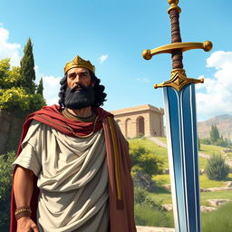 An artistic representation of Cyrus the Great, wearing traditional Persian royal attire, standing proudly next to his sword, which gleams in the sunlight