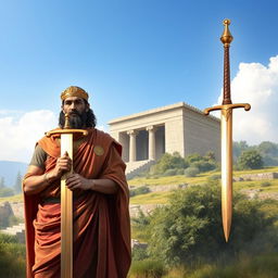 An artistic representation of Cyrus the Great, wearing traditional Persian royal attire, standing proudly next to his sword, which gleams in the sunlight