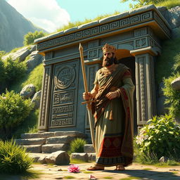 An artistic depiction of Cyrus the Great standing proudly next to his tomb, holding a beautifully ornate sword