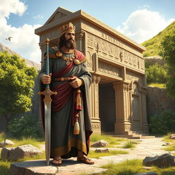 An artistic depiction of Cyrus the Great standing proudly next to his tomb, holding a beautifully ornate sword