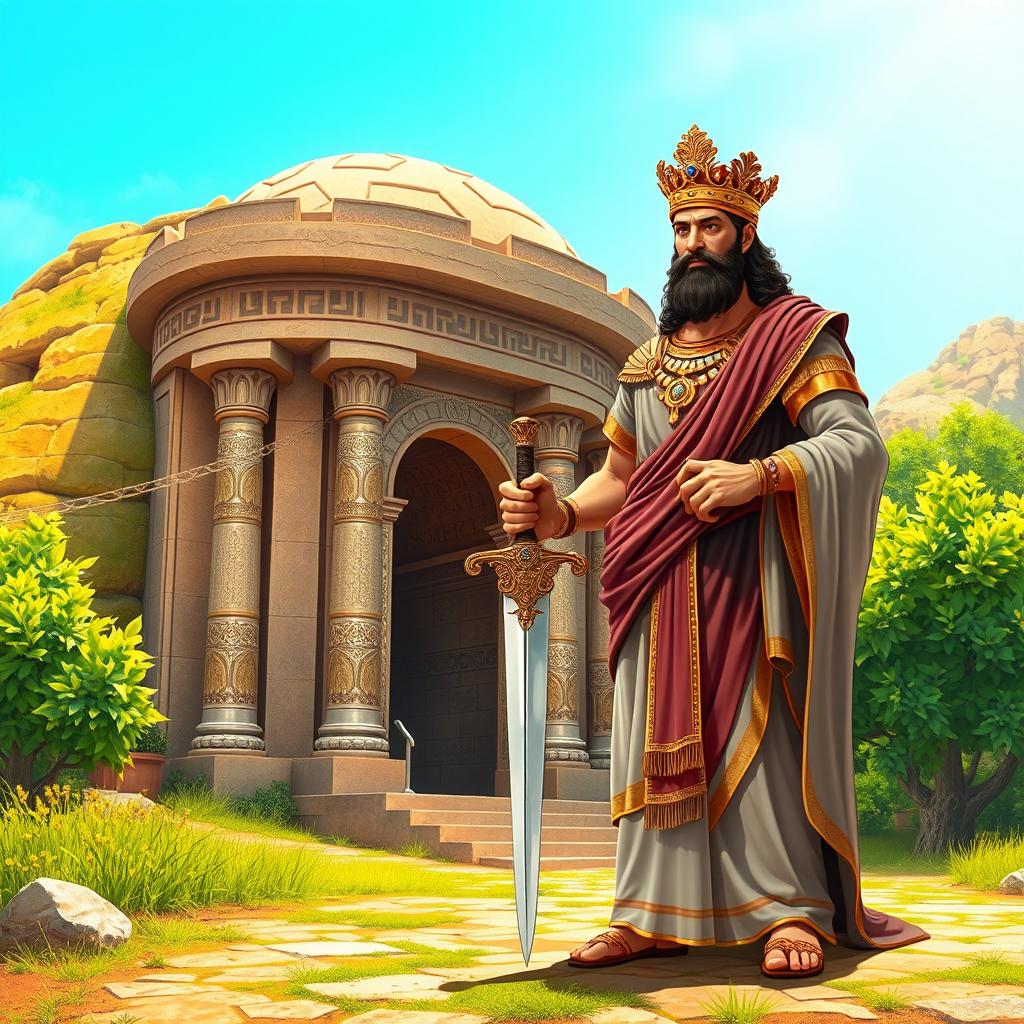 An artistic depiction of Cyrus the Great standing proudly next to his tomb, holding a beautifully ornate sword