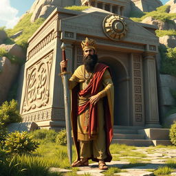 An artistic depiction of Cyrus the Great standing proudly next to his tomb, holding a beautifully ornate sword