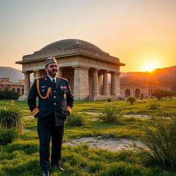 Reza Shah standing proudly next to the tomb of Cyrus the Great, set in a beautiful ancient Persian landscape