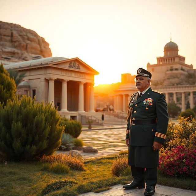 Reza Shah standing proudly next to the tomb of Cyrus the Great, set in a beautiful ancient Persian landscape