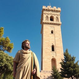 A majestic depiction of Cyrus the Great, standing proudly next to the iconic city tower of Gorgan, showcasing his regal attire reminiscent of ancient Persian royalty
