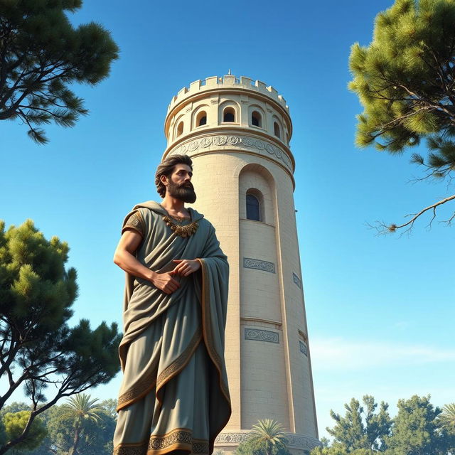 A majestic depiction of Cyrus the Great, standing proudly next to the iconic city tower of Gorgan, showcasing his regal attire reminiscent of ancient Persian royalty