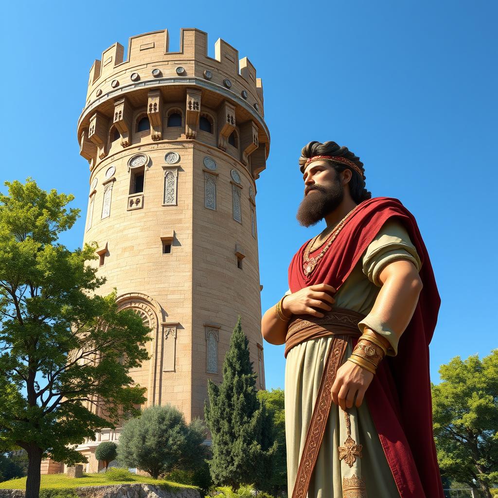 A majestic depiction of Cyrus the Great, standing proudly next to the iconic city tower of Gorgan, showcasing his regal attire reminiscent of ancient Persian royalty