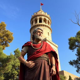 A majestic depiction of Cyrus the Great, standing proudly next to the iconic city tower of Gorgan, showcasing his regal attire reminiscent of ancient Persian royalty