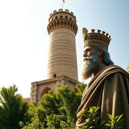 A stunning artistic representation of Cyrus the Great, depicted in traditional Persian royal attire, standing alongside the historic city tower of Gorgan