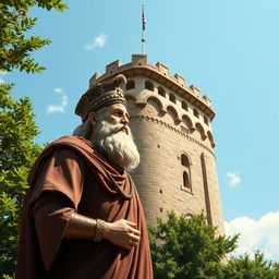 A stunning artistic representation of Cyrus the Great, depicted in traditional Persian royal attire, standing alongside the historic city tower of Gorgan