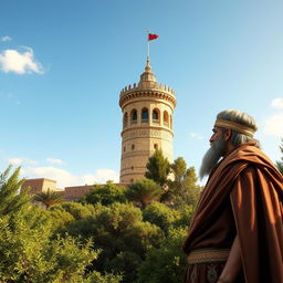 A stunning artistic representation of Cyrus the Great, depicted in traditional Persian royal attire, standing alongside the historic city tower of Gorgan