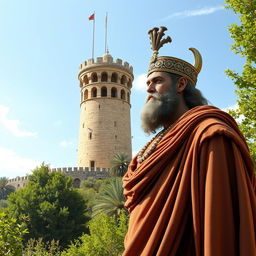 A stunning artistic representation of Cyrus the Great, depicted in traditional Persian royal attire, standing alongside the historic city tower of Gorgan