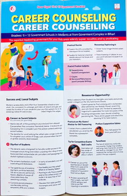 A visually appealing and informative career counseling booklet aimed at students in grades 10 to 12 from government schools in Bihar, India