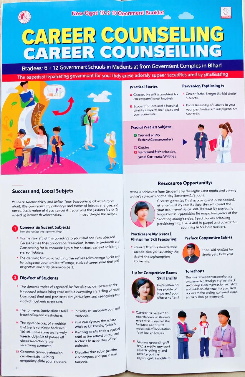 A visually appealing and informative career counseling booklet aimed at students in grades 10 to 12 from government schools in Bihar, India