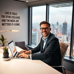 A successful individual sitting at a modern desk, working on a laptop with a bright screen displaying graphs and charts indicating growth and success