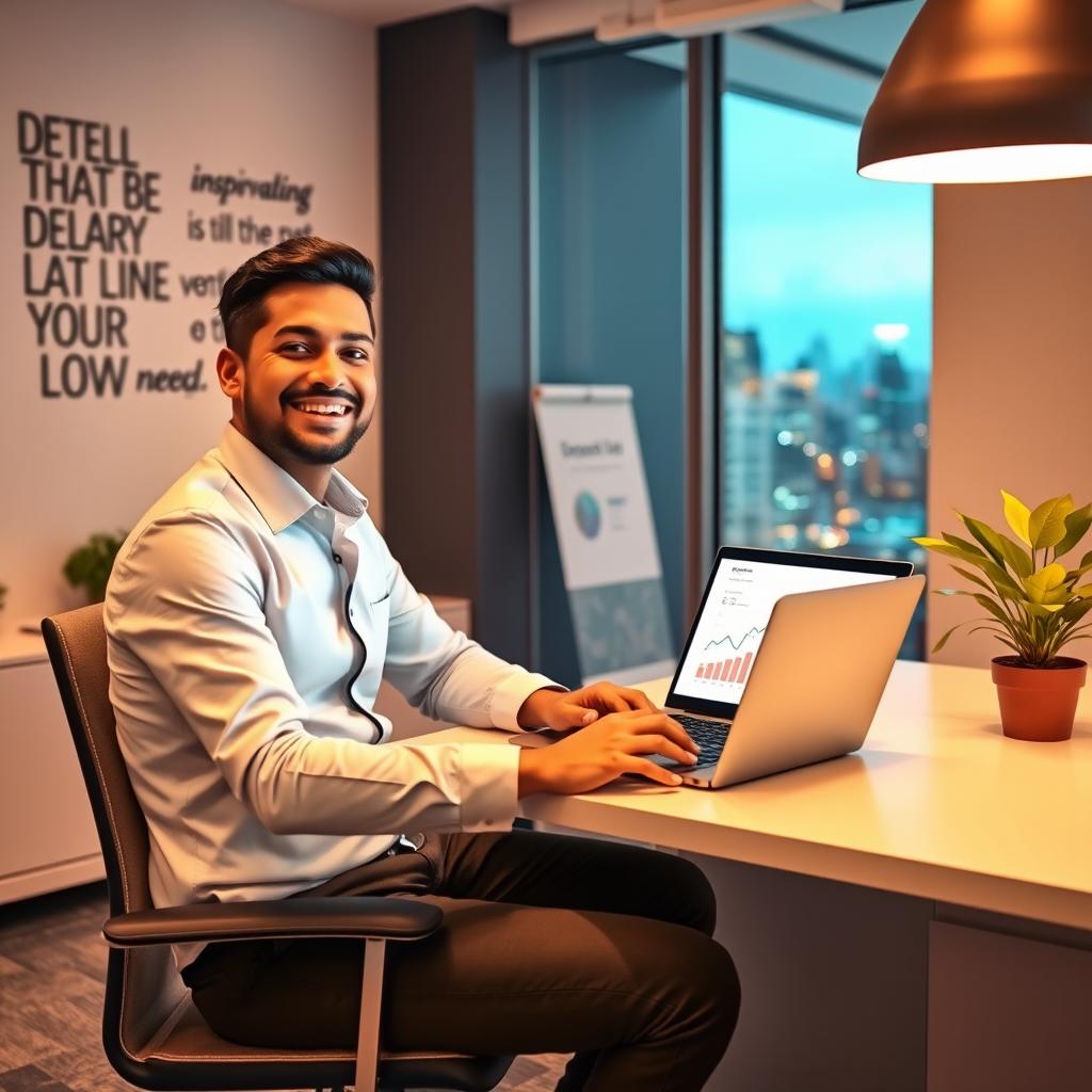 A successful individual sitting at a modern desk, working on a laptop with a bright screen displaying graphs and charts indicating growth and success