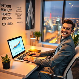 A successful individual sitting at a modern desk, working on a laptop with a bright screen displaying graphs and charts indicating growth and success