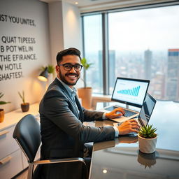 A successful individual sitting at a modern desk, working on a laptop with a bright screen displaying graphs and charts indicating growth and success