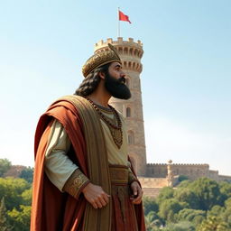 An elegant portrayal of Cyrus the Great standing alongside the historic city tower of Gorgan