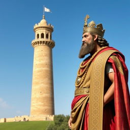 An elegant portrayal of Cyrus the Great standing alongside the historic city tower of Gorgan