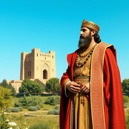An elegant portrayal of Cyrus the Great standing alongside the historic city tower of Gorgan