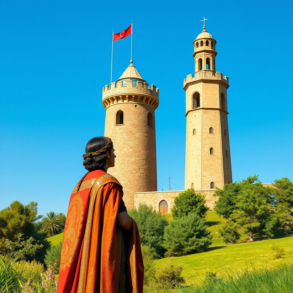 An elegant portrayal of Cyrus the Great standing alongside the historic city tower of Gorgan